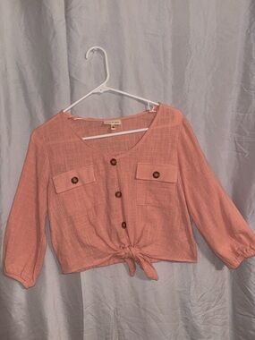 Belle Du Jour Coral-Peach Button Tie Front Shirt
